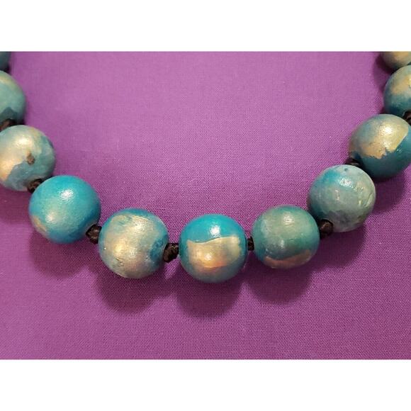 Teal & Gold Colored Large Wooden Beaded Necklace with Black Satin Ribbon - Picture 3 of 10